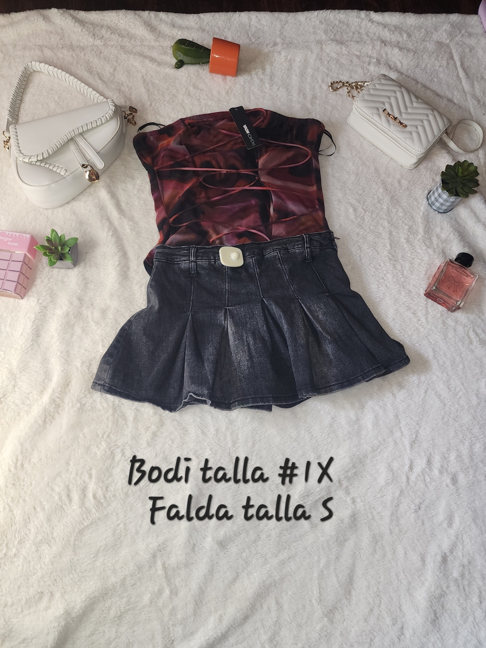 Abstract Burgundy & Black Satin Cami with Dark Denim Pleated Mini Skirt